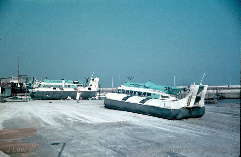 The SRN6 with Hoverlloyd - Two craft, one on jacks for maintenance (submitted by Pat Lawrence).